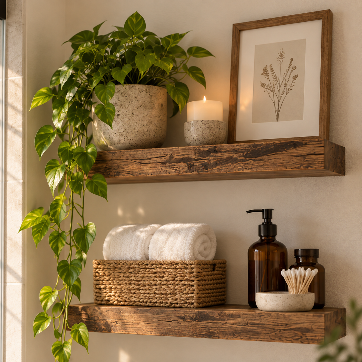 Wood floating shelves styled with plants, a basket and home accessories