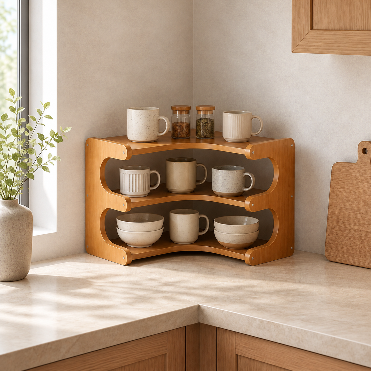 Bamboo corner shelf organizing mugs and bowls