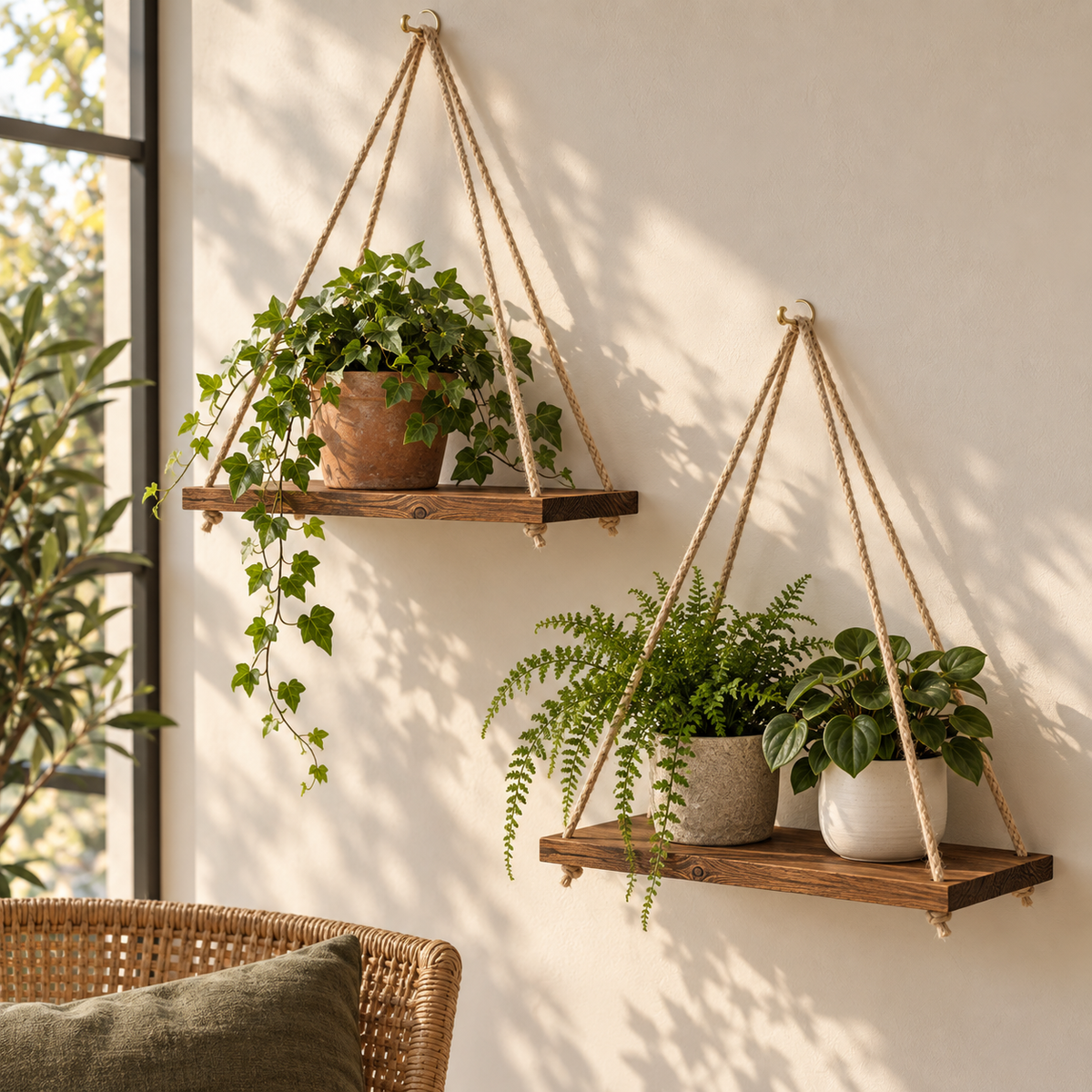 Hanging wooden rope shelves displaying houseplants