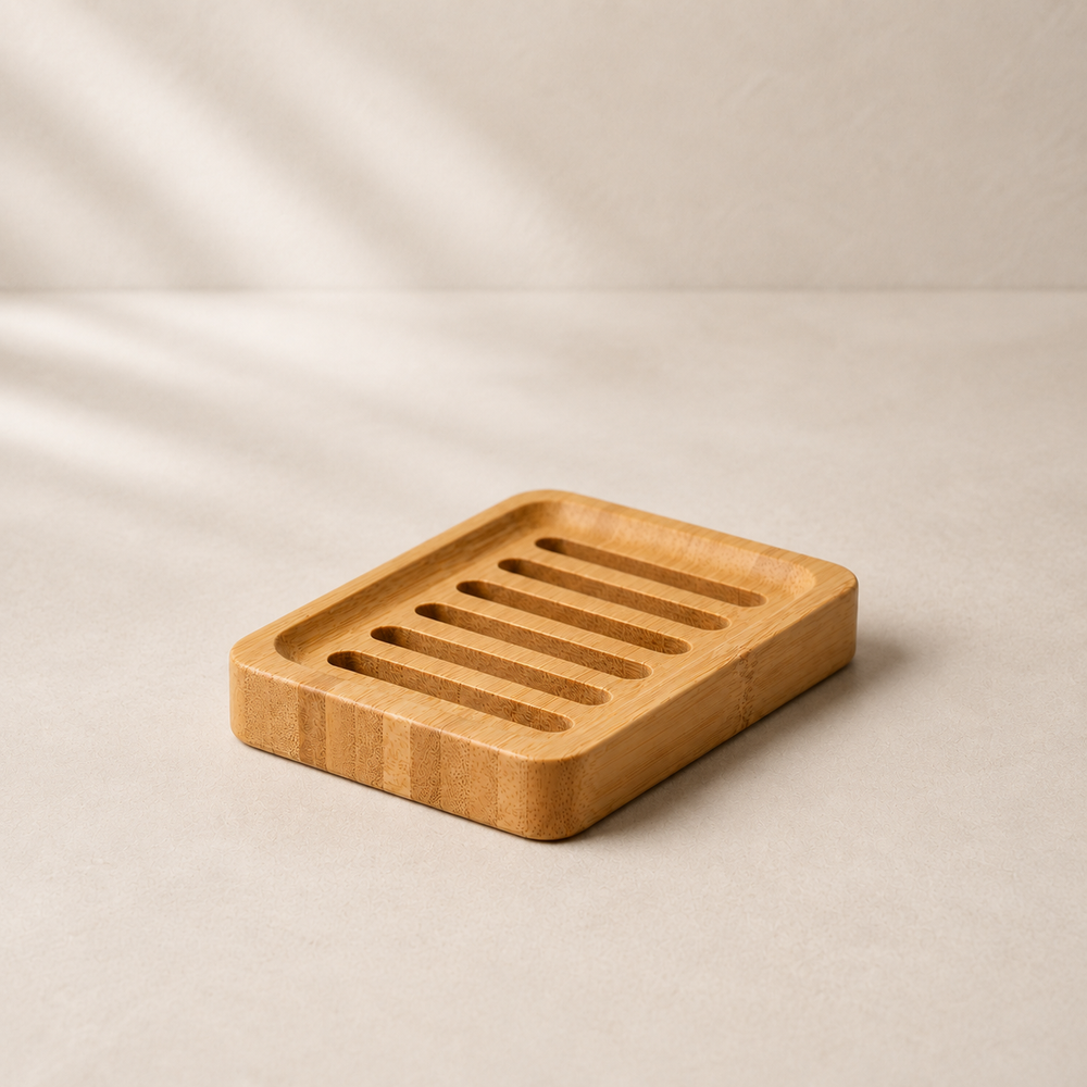 Bamboo slatted soap dish in warm neutral studio setting