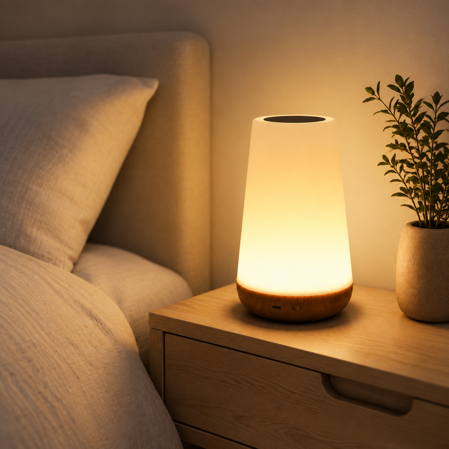 Noma dimmable bedside lamp glowing on a warm wood nightstand