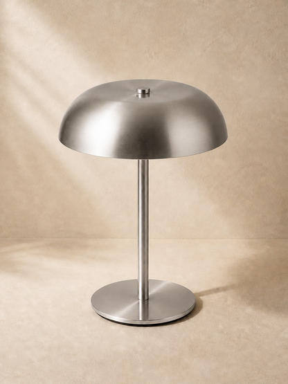 Silver rechargeable dome table lamp studio product shot