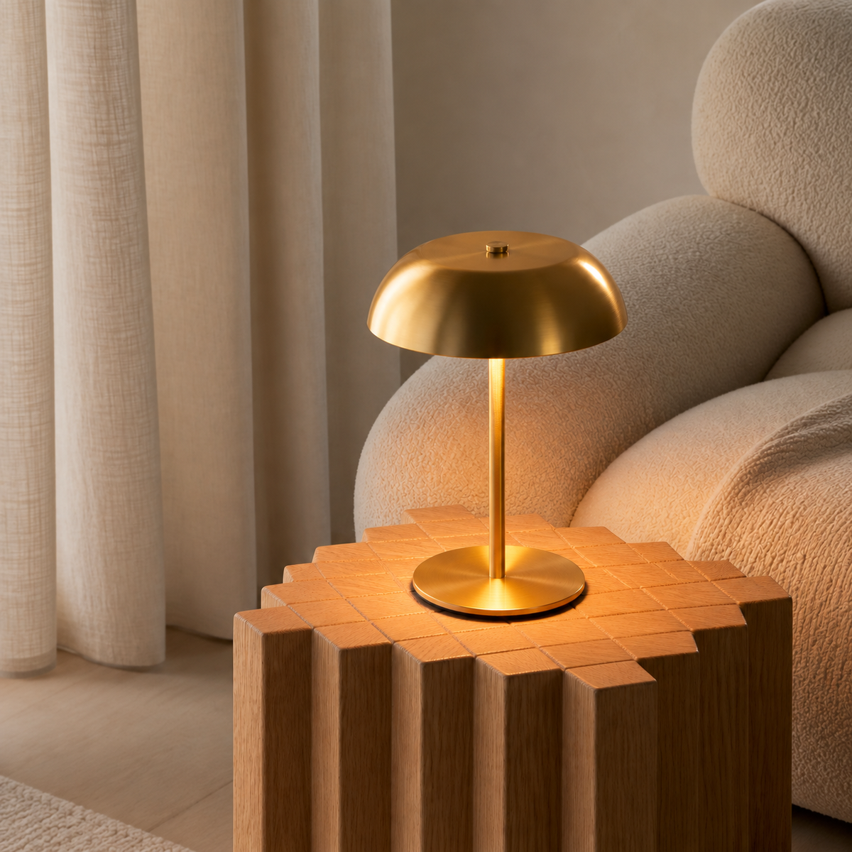Gold cordless dome table lamp in a warm neutral living room