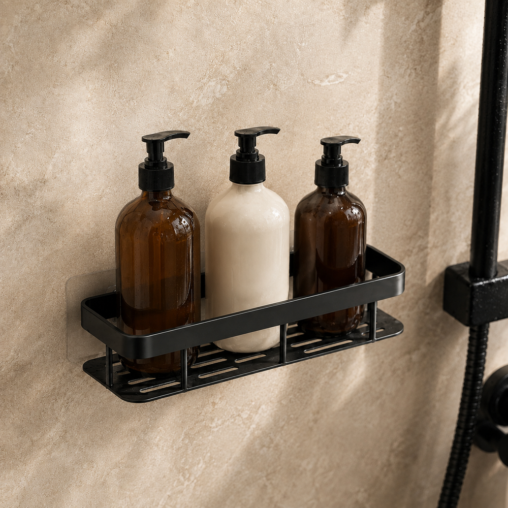 Single black no-drill shower caddy