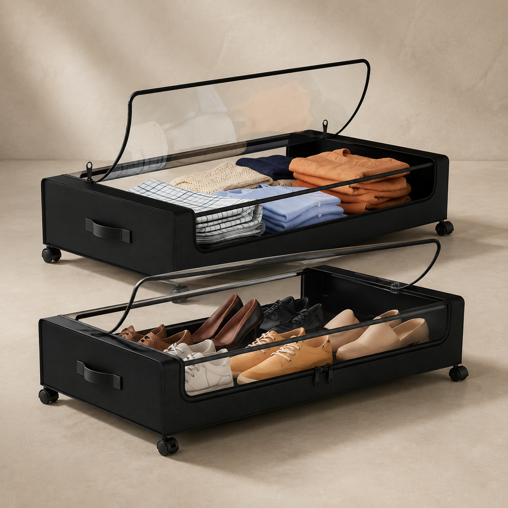 Two rolling under-bed storage organizers filled with clothes and shoes