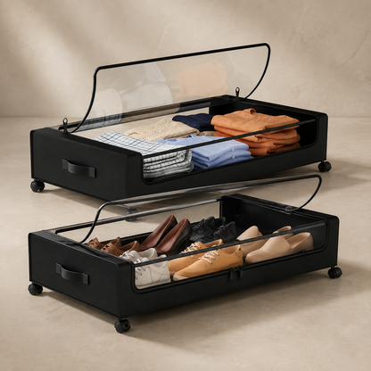 Two rolling under-bed storage organizers filled with clothes and shoes