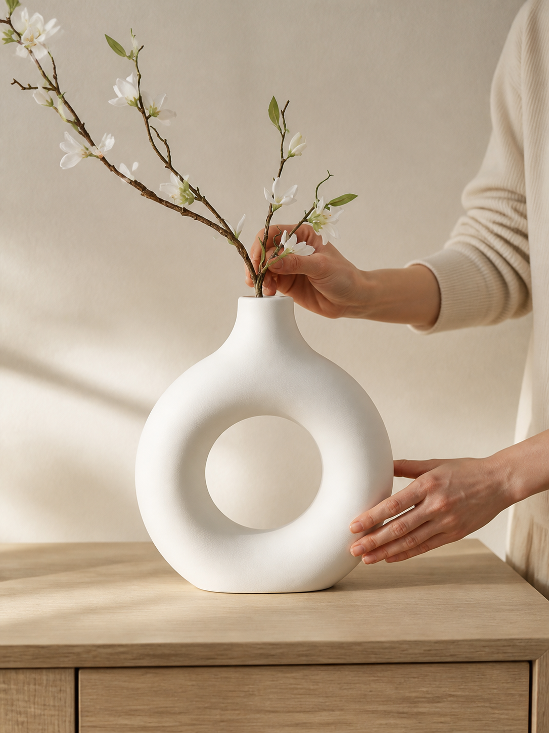 Matte white ring vase in use with floral stems