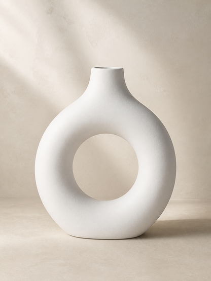 Large matte white ring vase studio product shot