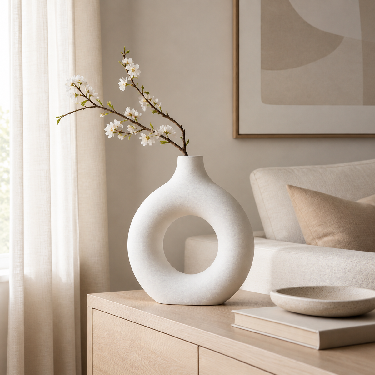 Matte white sculptural ring vase styled in a warm neutral living room