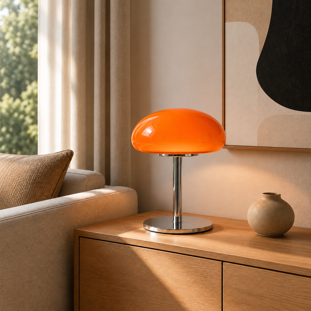 Orange glass mushroom table lamp on a warm wood sideboard
