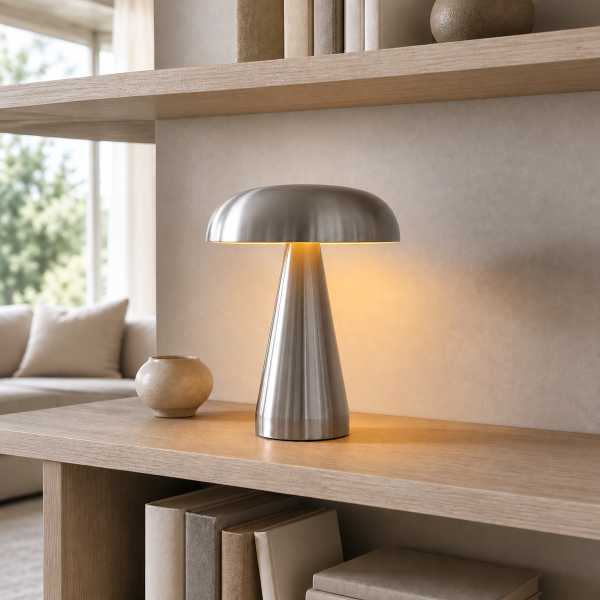 Silver mushroom table lamp second living room scene