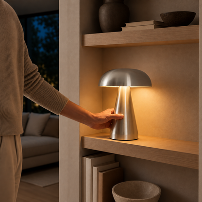 Silver mushroom table lamp in use