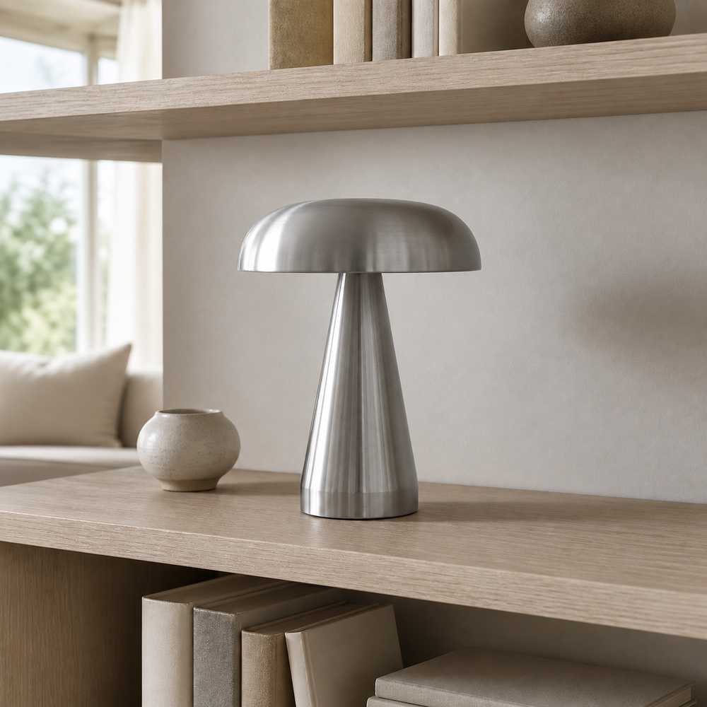 Silver metal mushroom table lamp styled on a warm neutral shelf