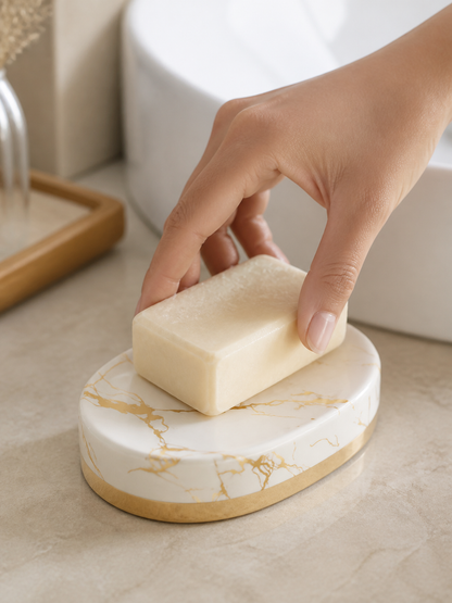 White marble-stripe soap dish in use