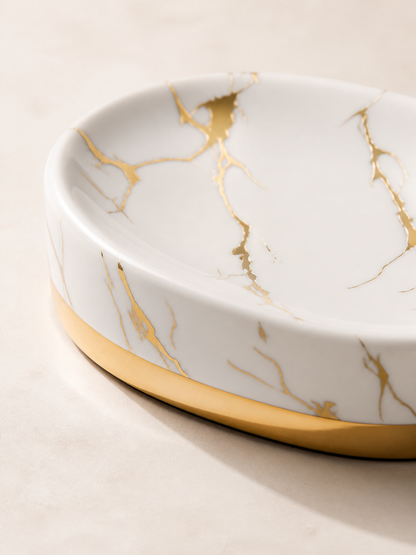 White marble-stripe soap dish ceramic detail