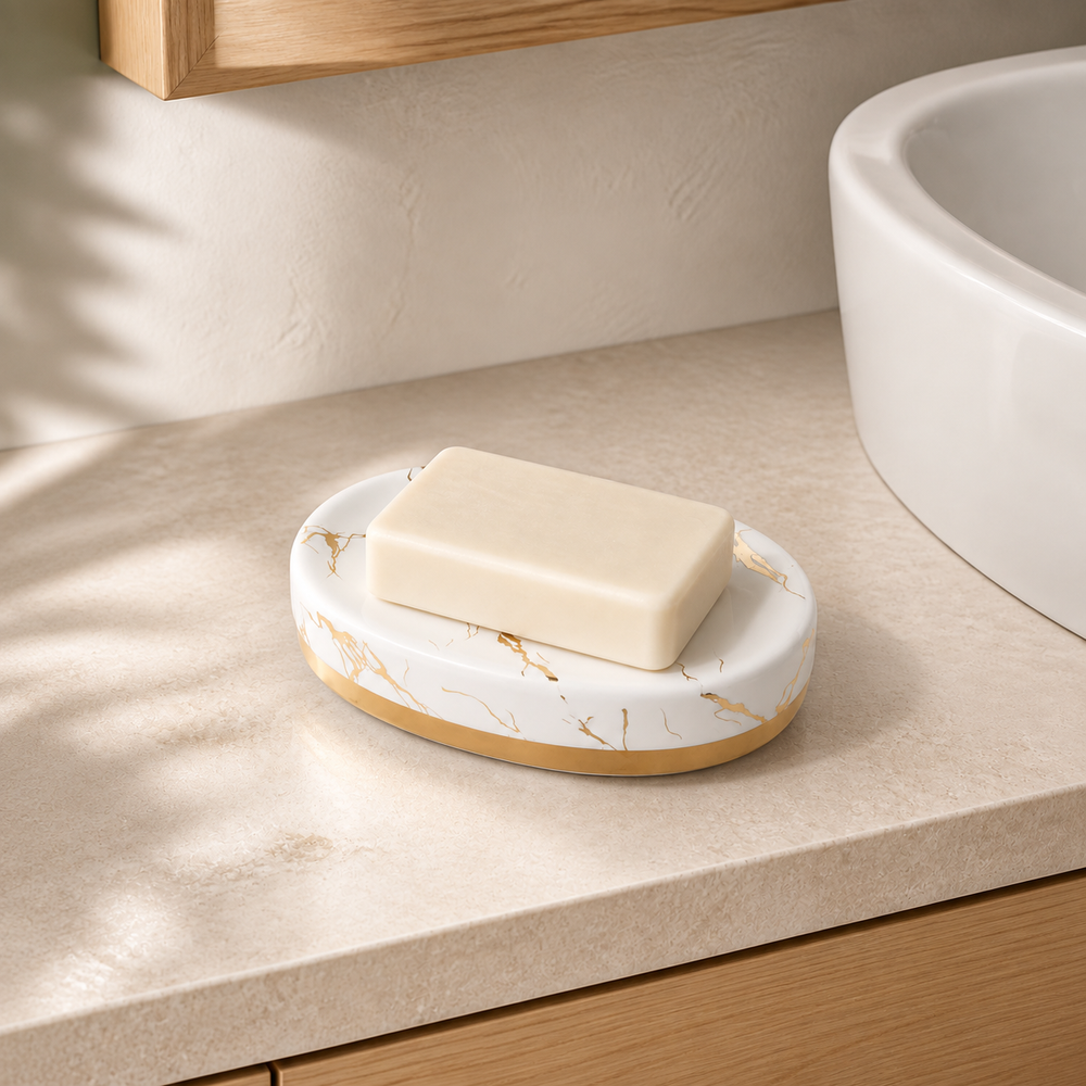 White marble-stripe ceramic soap dish with gold veining