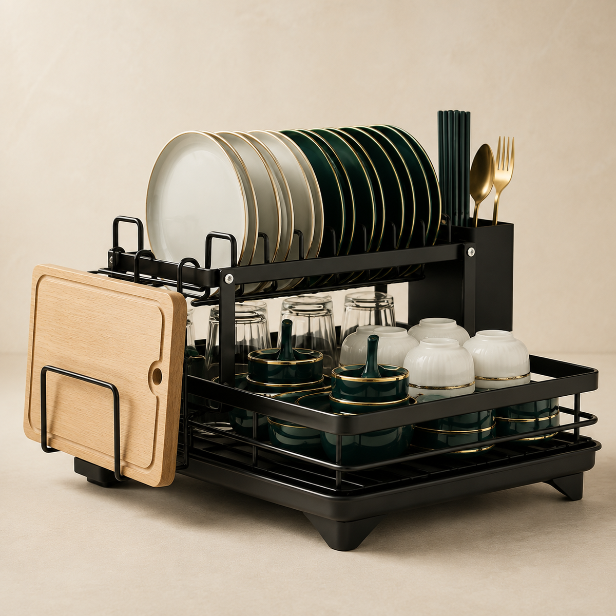 2-Tier Dish Rack with Utensil Holder