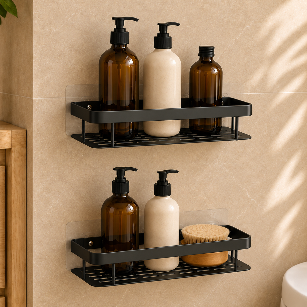 Two-pack of black no-drill shower caddies