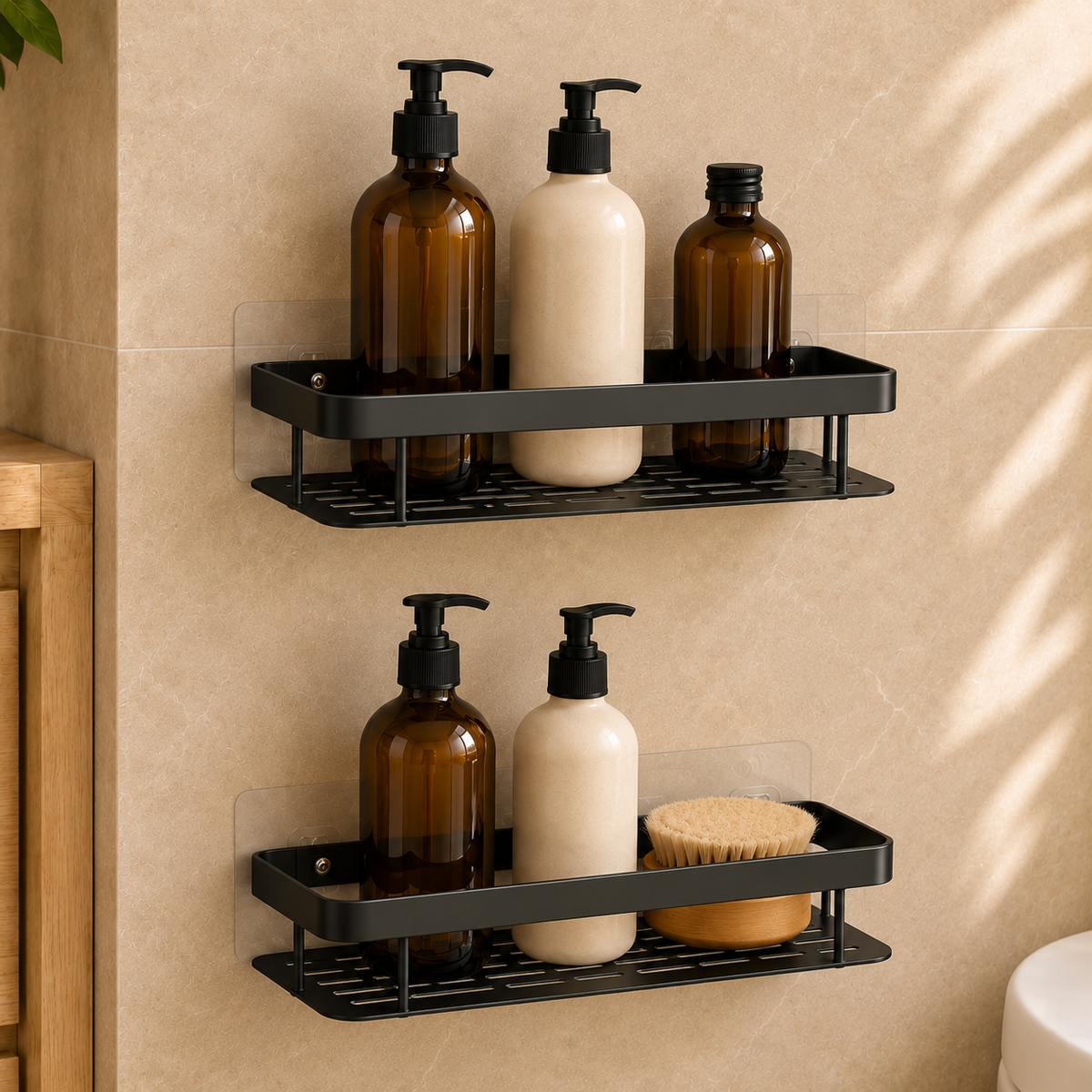 Two-pack of black no-drill shower caddies