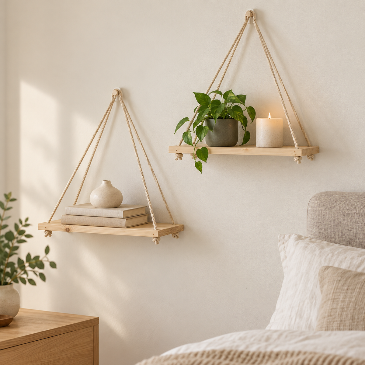 Hanging Wooden Rope Shelf