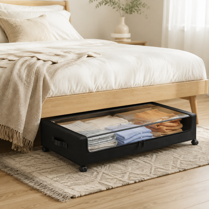 Rolling storage organizer positioned under a bed