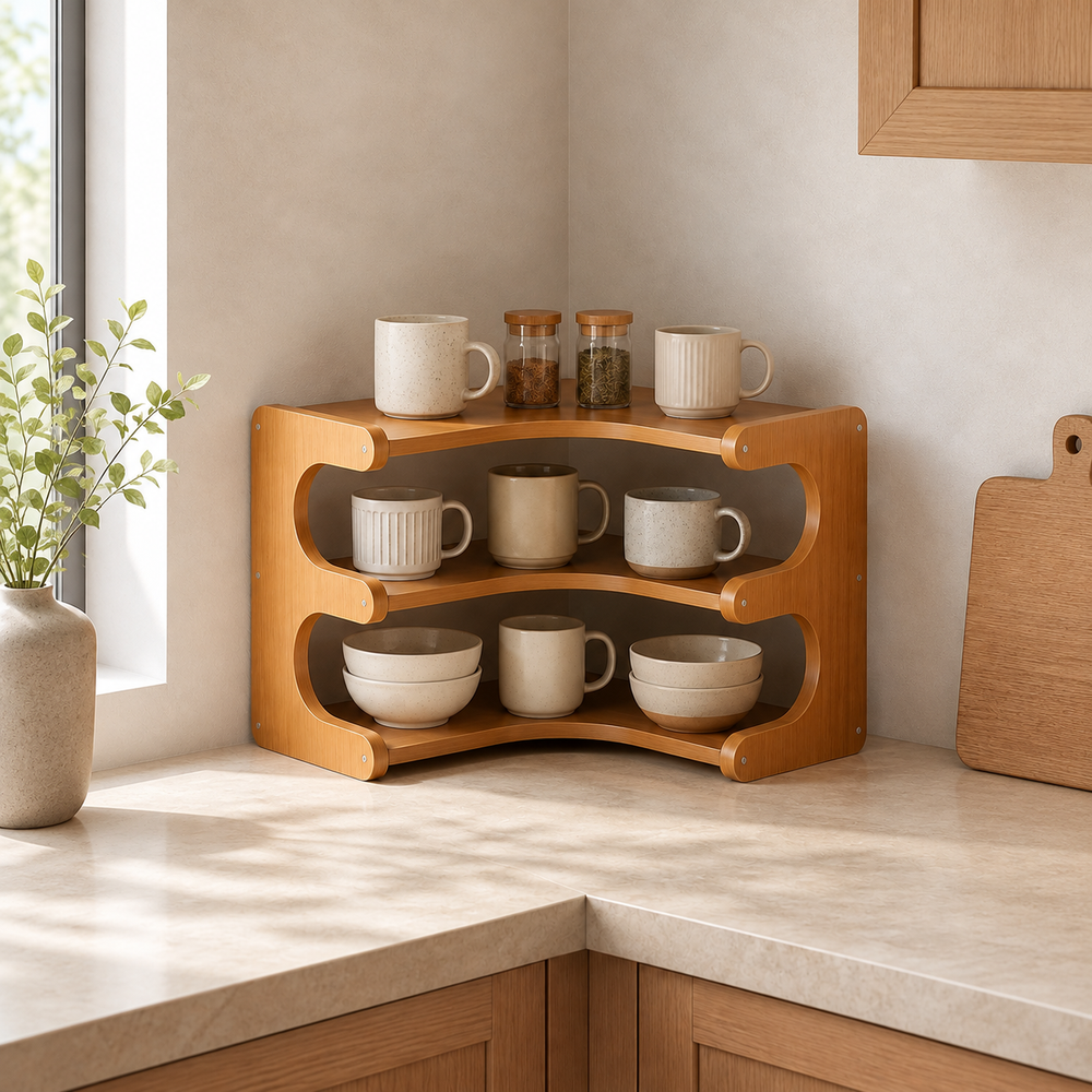 Three-tier bamboo corner shelf organizer styled with mugs and bowls