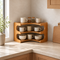 Three-tier bamboo corner shelf organizer styled with mugs and bowls