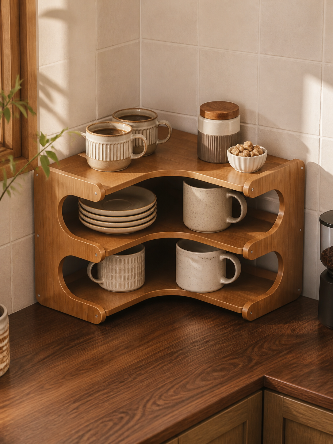 Wooden corner shelf organizer second kitchen lifestyle