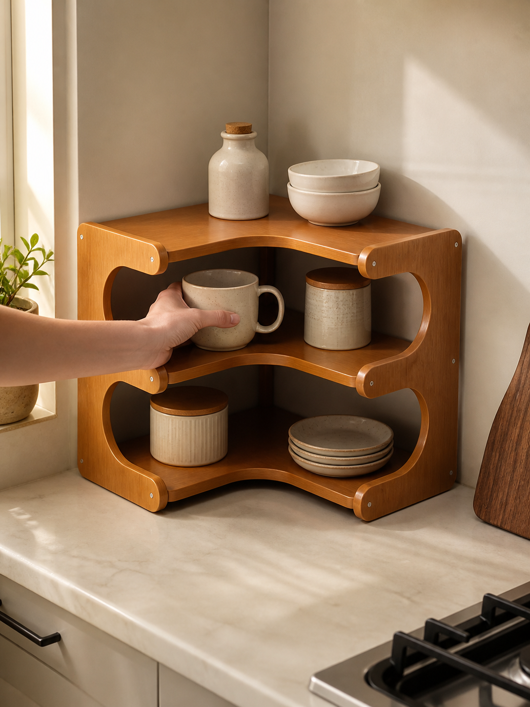 Wooden corner shelf organizer in use