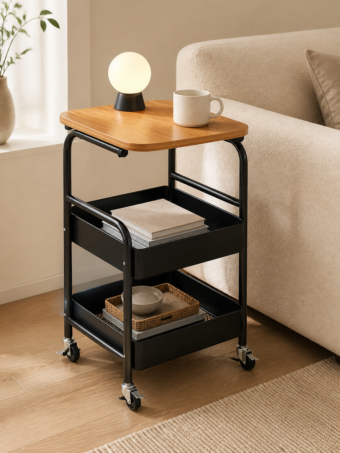 Three-tier rolling cart styled living room