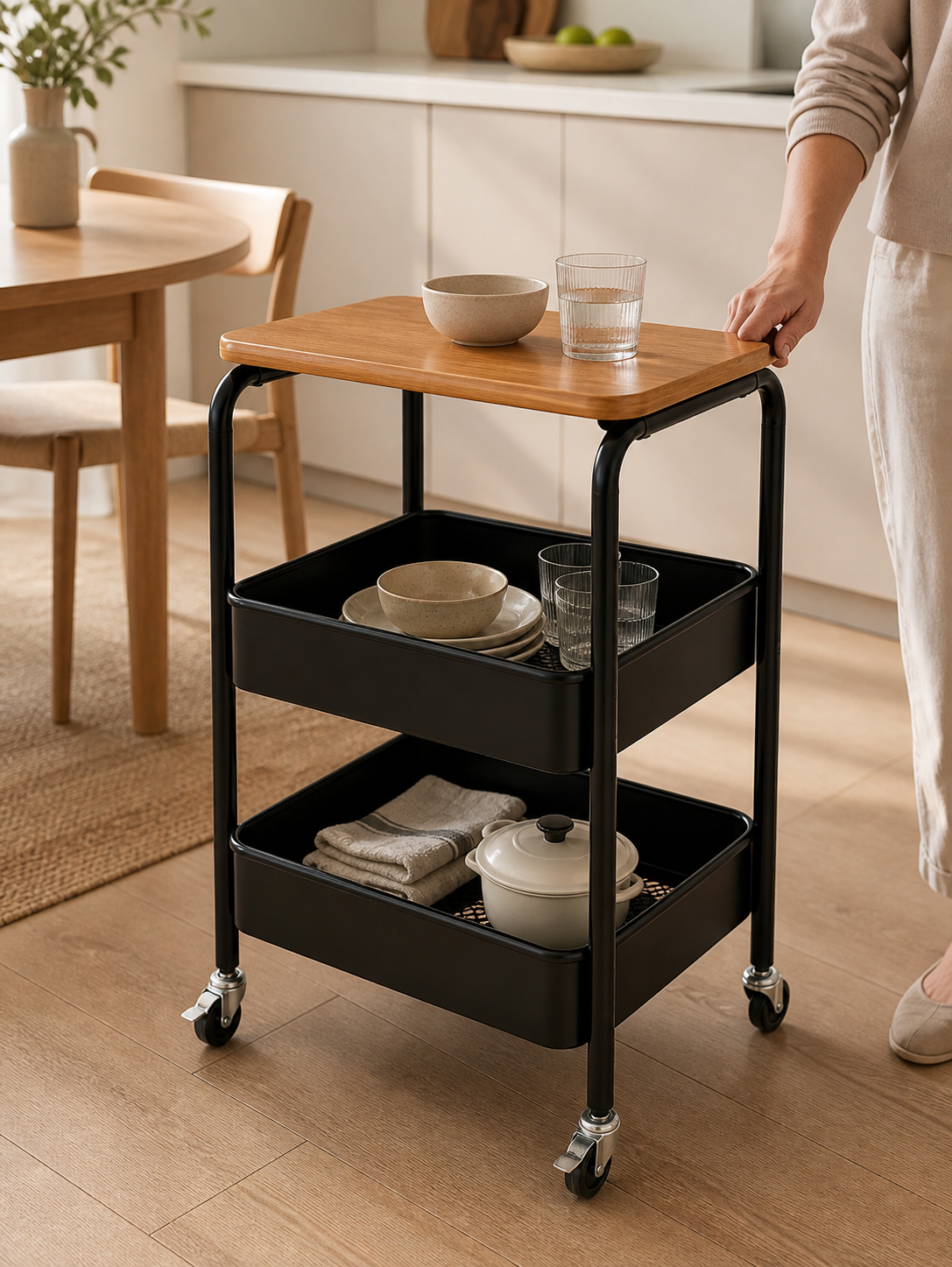 Three-tier rolling cart in use