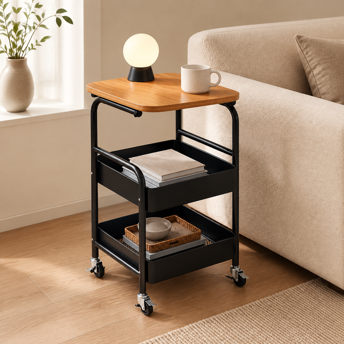 Black three-tier rolling cart with bamboo tabletop in a warm living room