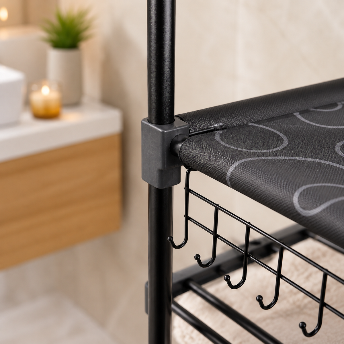 Bathroom storage rack connector and fabric shelf detail