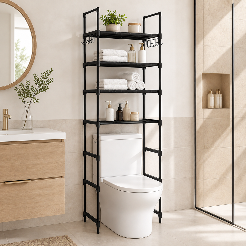 Tall black over-the-toilet bathroom storage rack in a warm neutral bathroom
