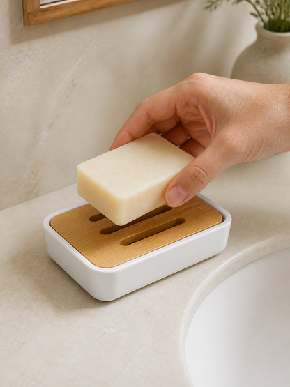 Bamboo and white soap dish in use
