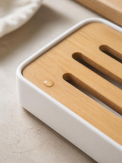 Bamboo and white soap dish drainage detail