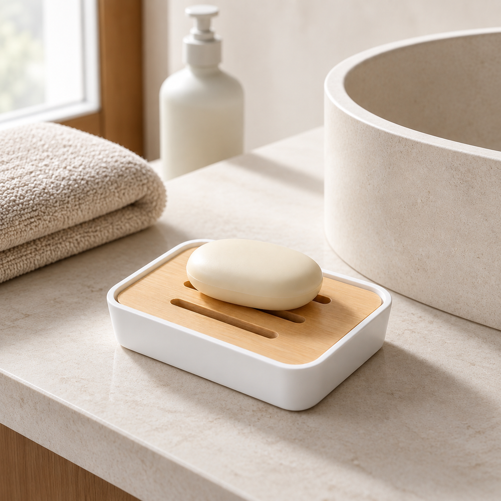 White soap dish with bamboo draining insert beside a bathroom sink