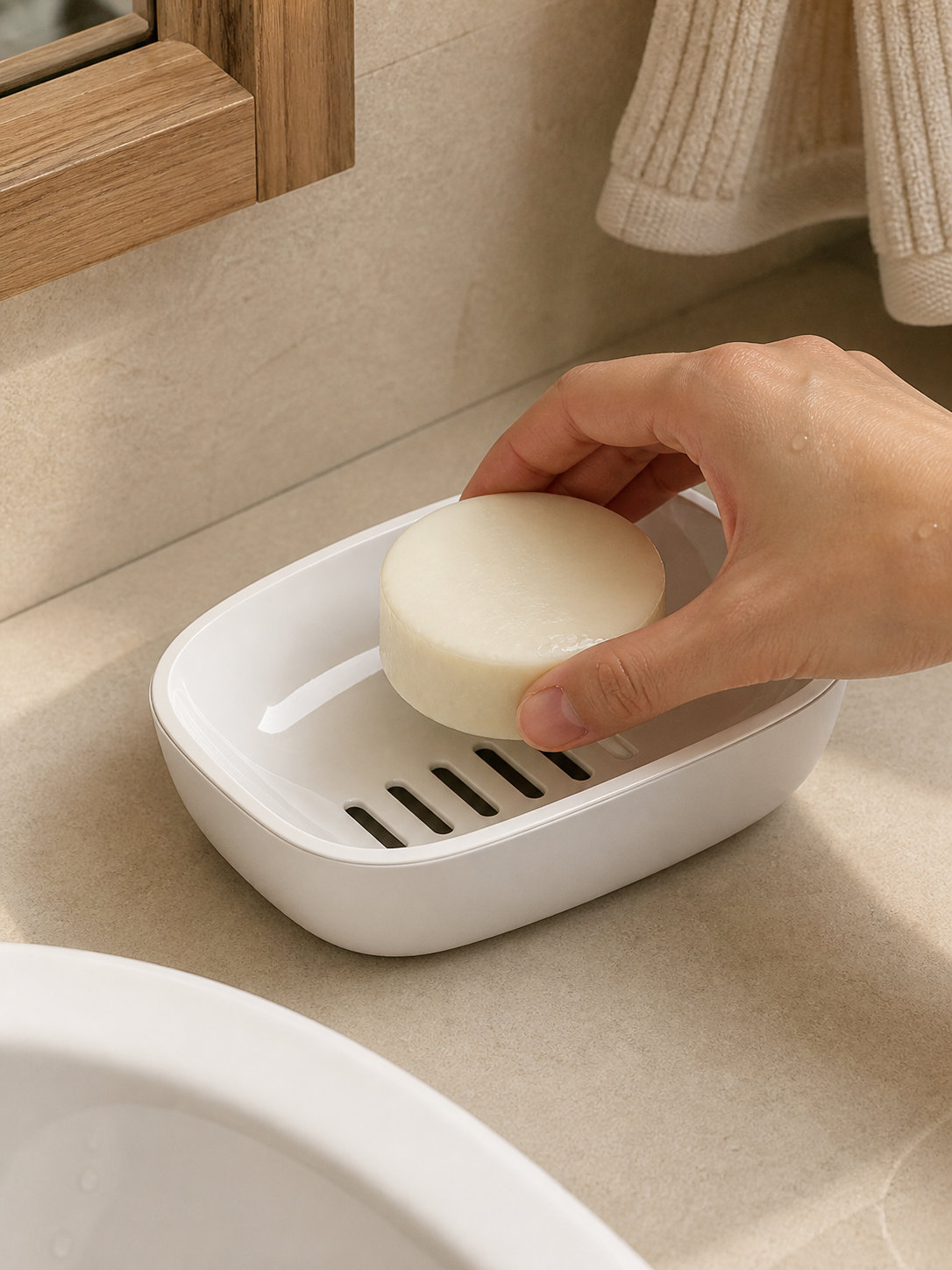 Self-draining white soap dish in use