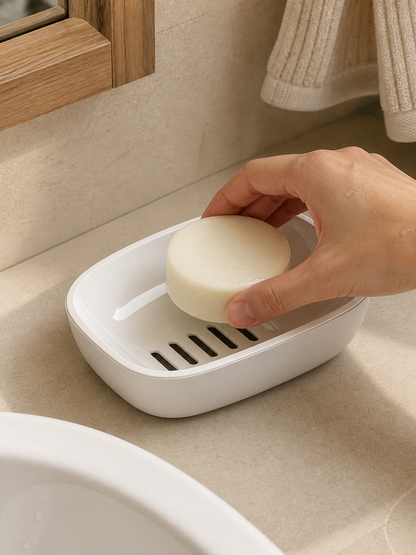 Self-draining white soap dish in use