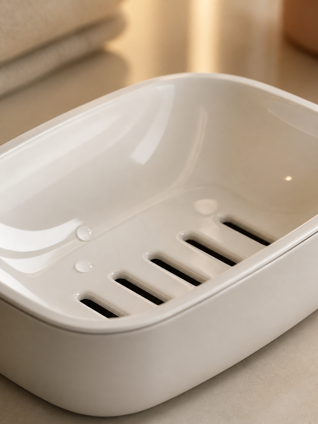 Self-draining white soap dish drainage detail