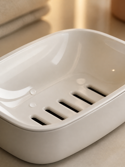 Self-draining white soap dish drainage detail