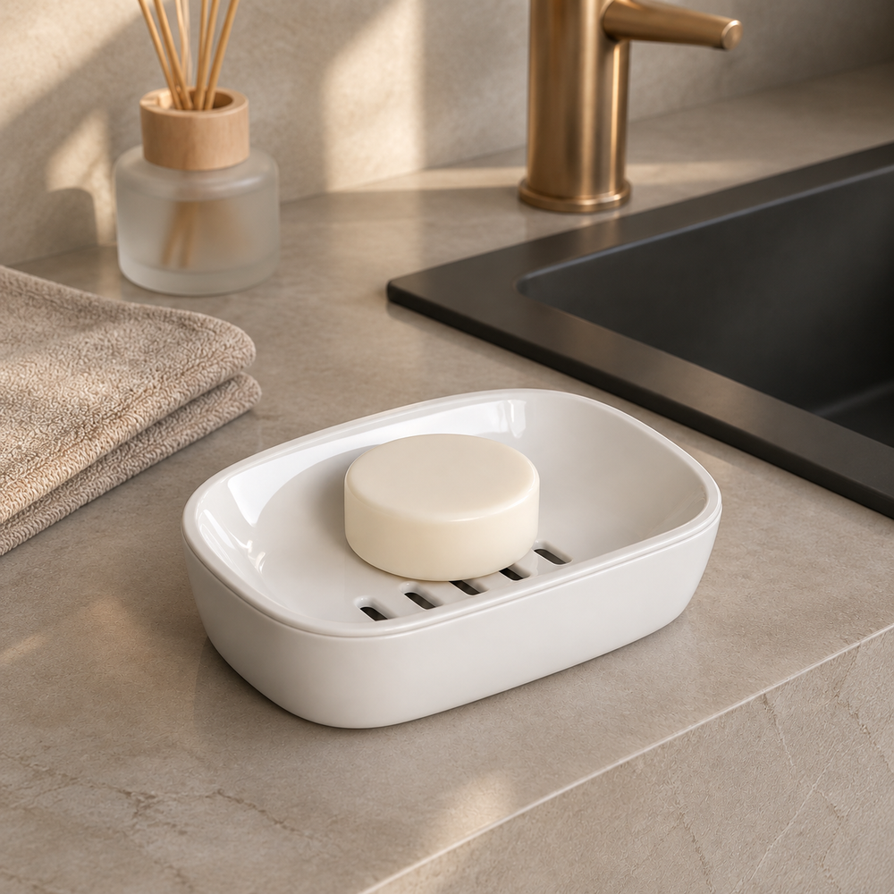 White double-layer self-draining soap dish beside a sink
