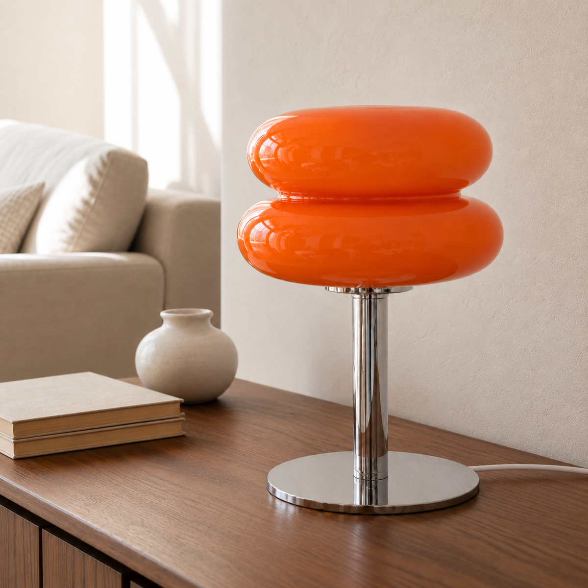 Orange double-dome table lamp with chrome stem and base