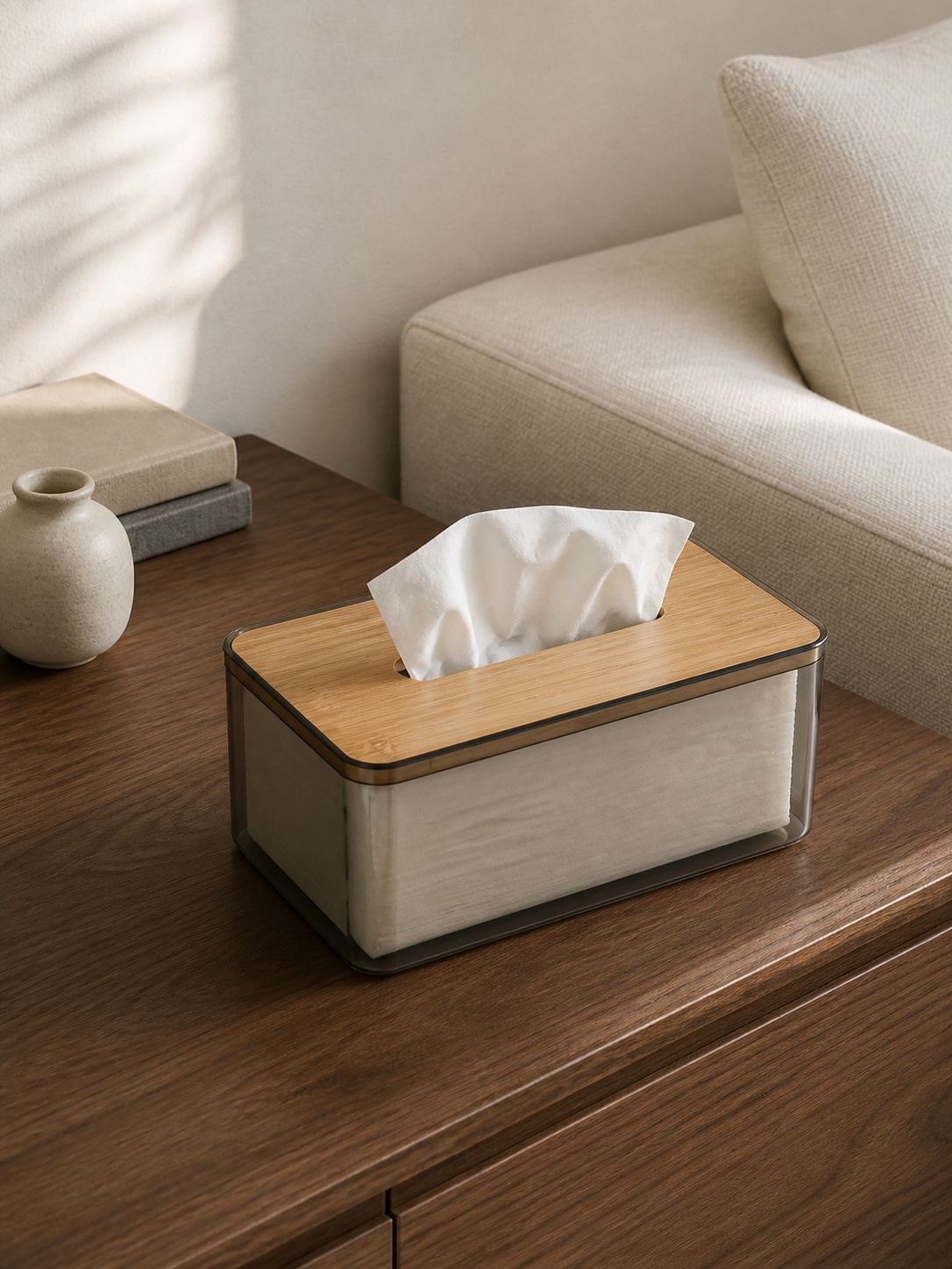 Large smoked acrylic tissue box styled living room