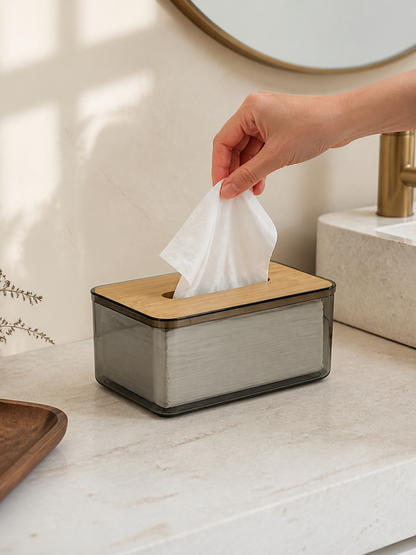 Medium smoked acrylic tissue box in use