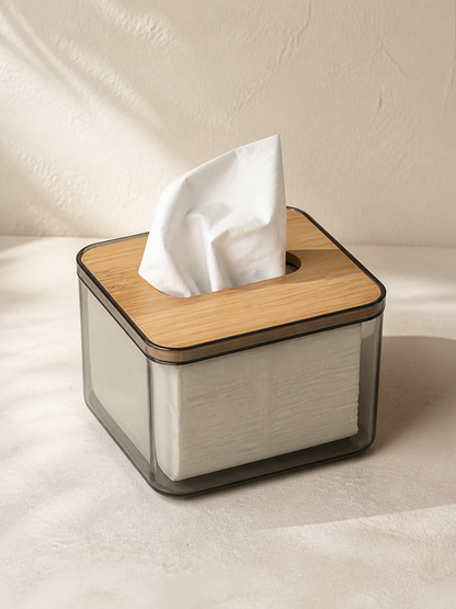 Small smoked acrylic tissue box studio product shot