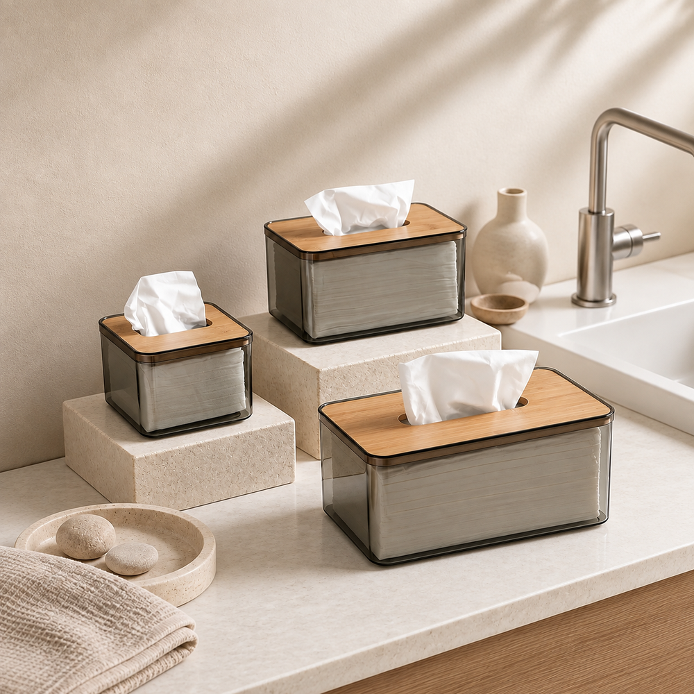 Small medium and large smoked acrylic tissue boxes with bamboo lids