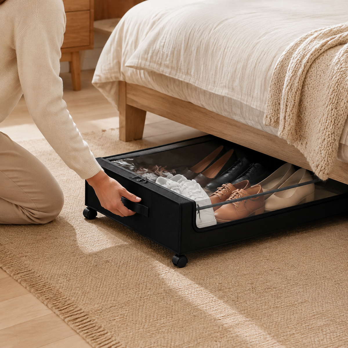 Under-bed storage organizer in use