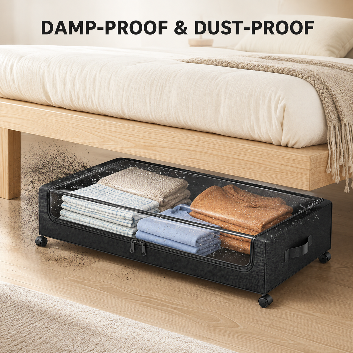 Clear zippered lid protecting stored items