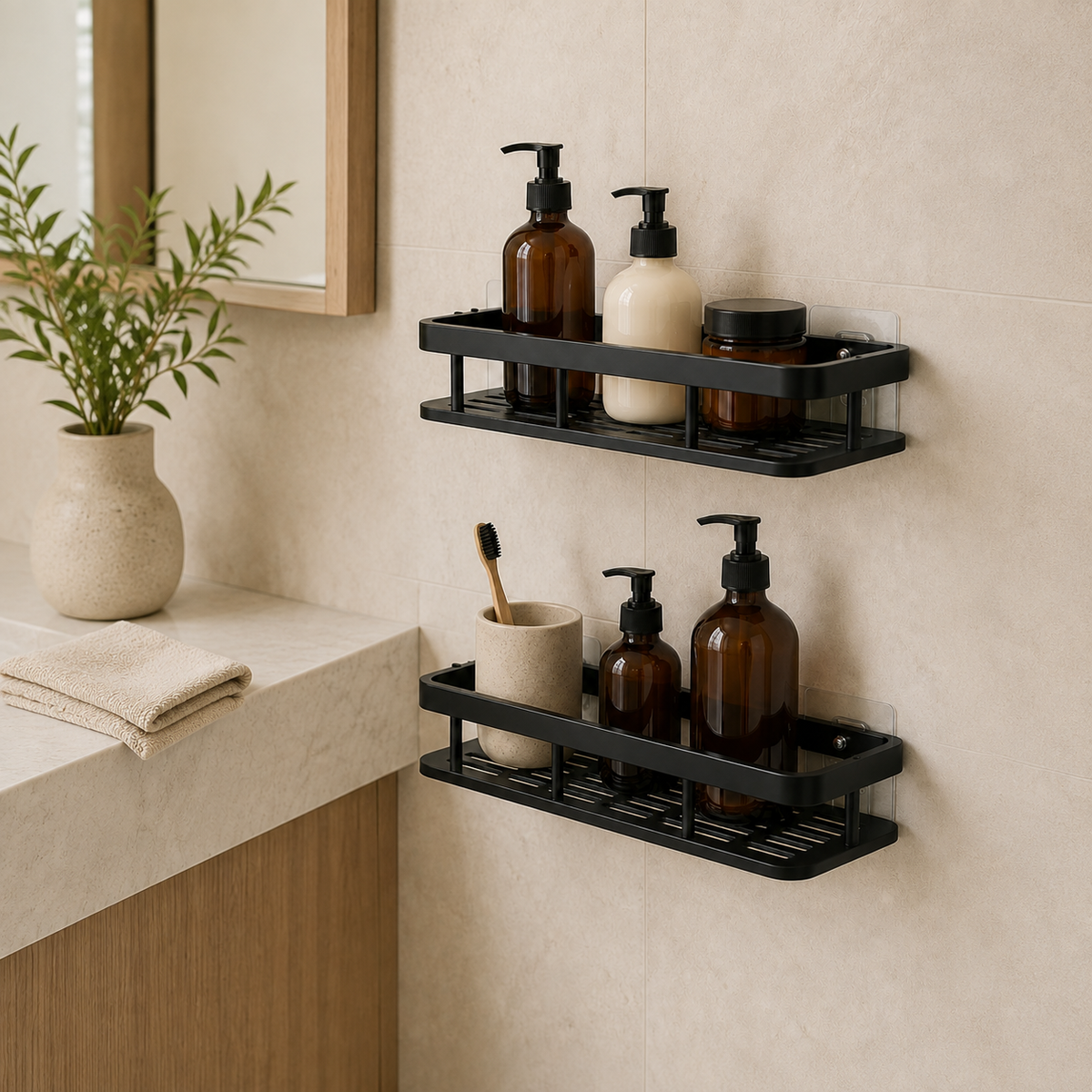 Black shower caddies holding bathroom toiletries